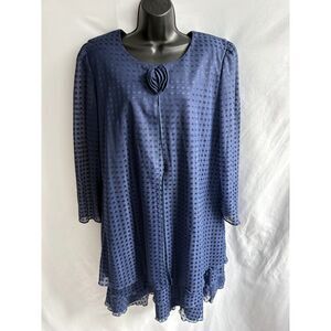 Vintage California Looks Navy Blue Dress Ruffle Long Sleeve Floral Size 18 Retro